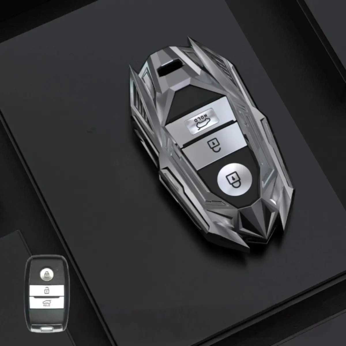 Kia Zinc Alloy Key Remote Cover With Two Keychains-Black 2