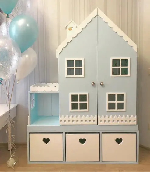 Kiddies Kingdom Wooden Dollhouse - Pastel Blue & White Imaginative Play For Ages 3 And Above 1
