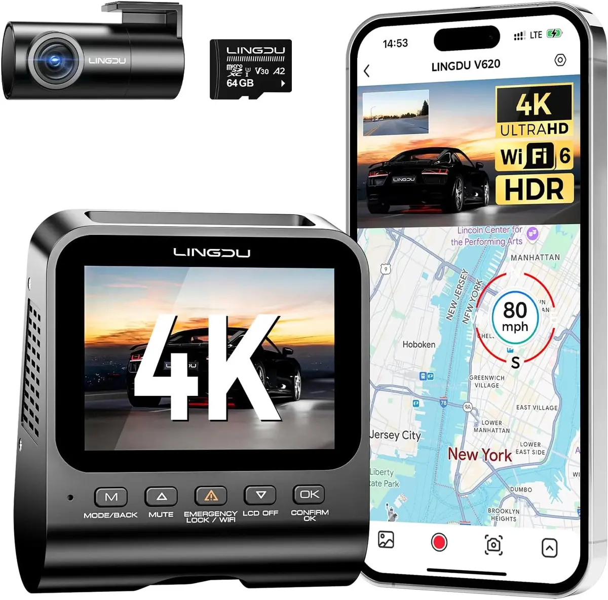 Lingdu V620 4K Uhd+1080P 2Ch Dash Cam 1