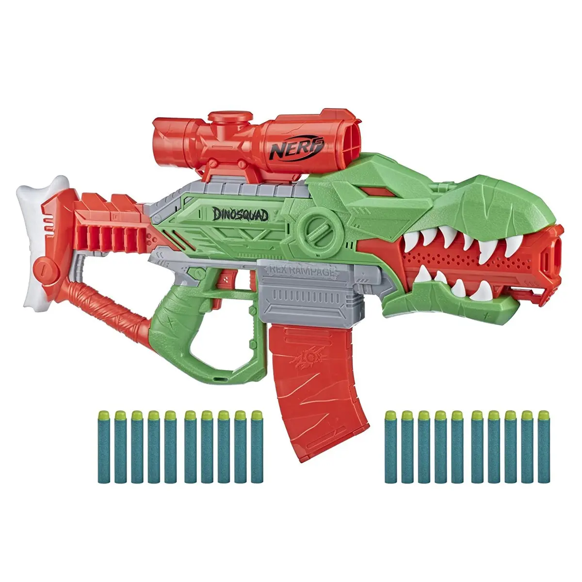 Nerf Dinosquad Rex-Rampage Motorized Dart Blaster, 10-Dart Clip, 20 Official Nerf Darts, 10-Dart Storage- T-Rex Dinosaur Design 1