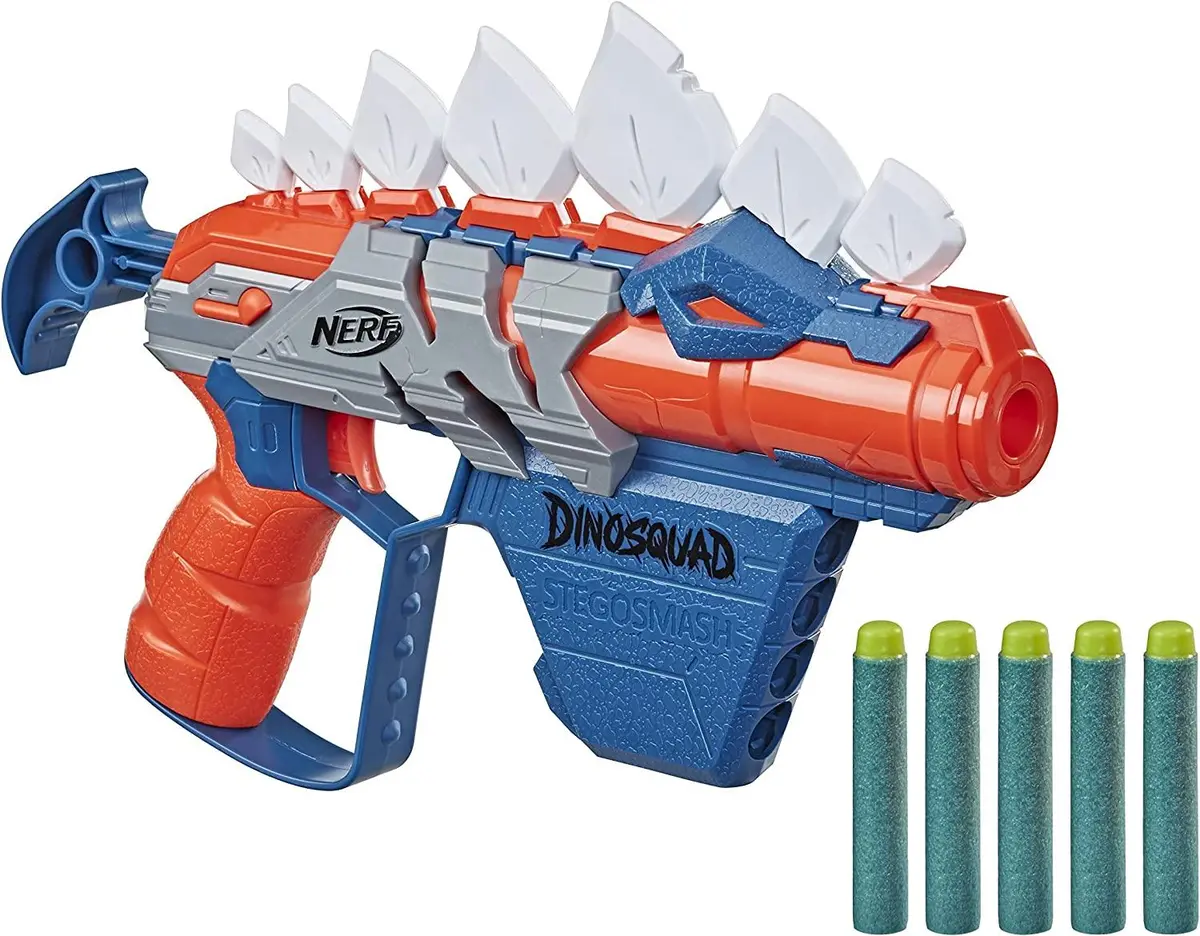 Nerf Dinosquad Stegosmash Dart Blaster, 4-Dart Storage, Pull-Back Priming Handle, 5 Official Nerf Darts, Dinosaur Design, Stegosaurus Spikes 1