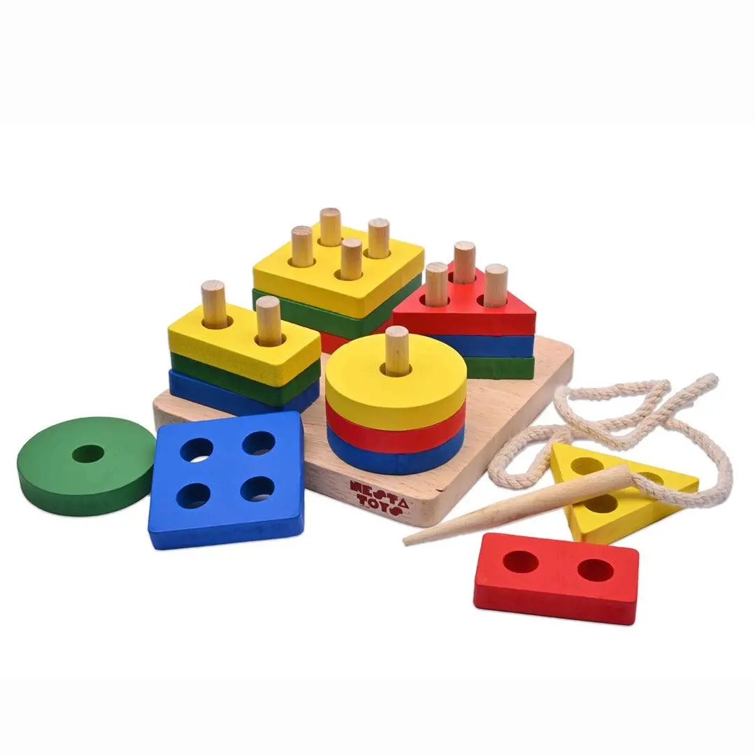 Nesta Toys Wooden Shape Sorter Puzzle - Wooden Sorting, Stacking & Lacing Toy For Ages 2+ 1