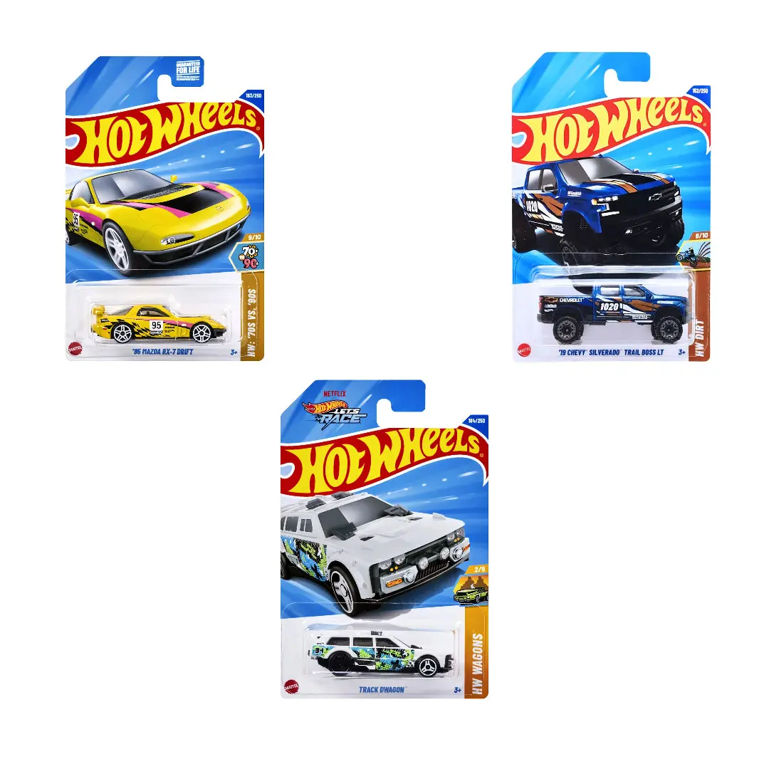 Hot Wheels Mainline Series 3 Car Combo Pack Including Models - Mazda Rx7, Chevy Silverado & Track Dwagon For Kids And Collectors 1