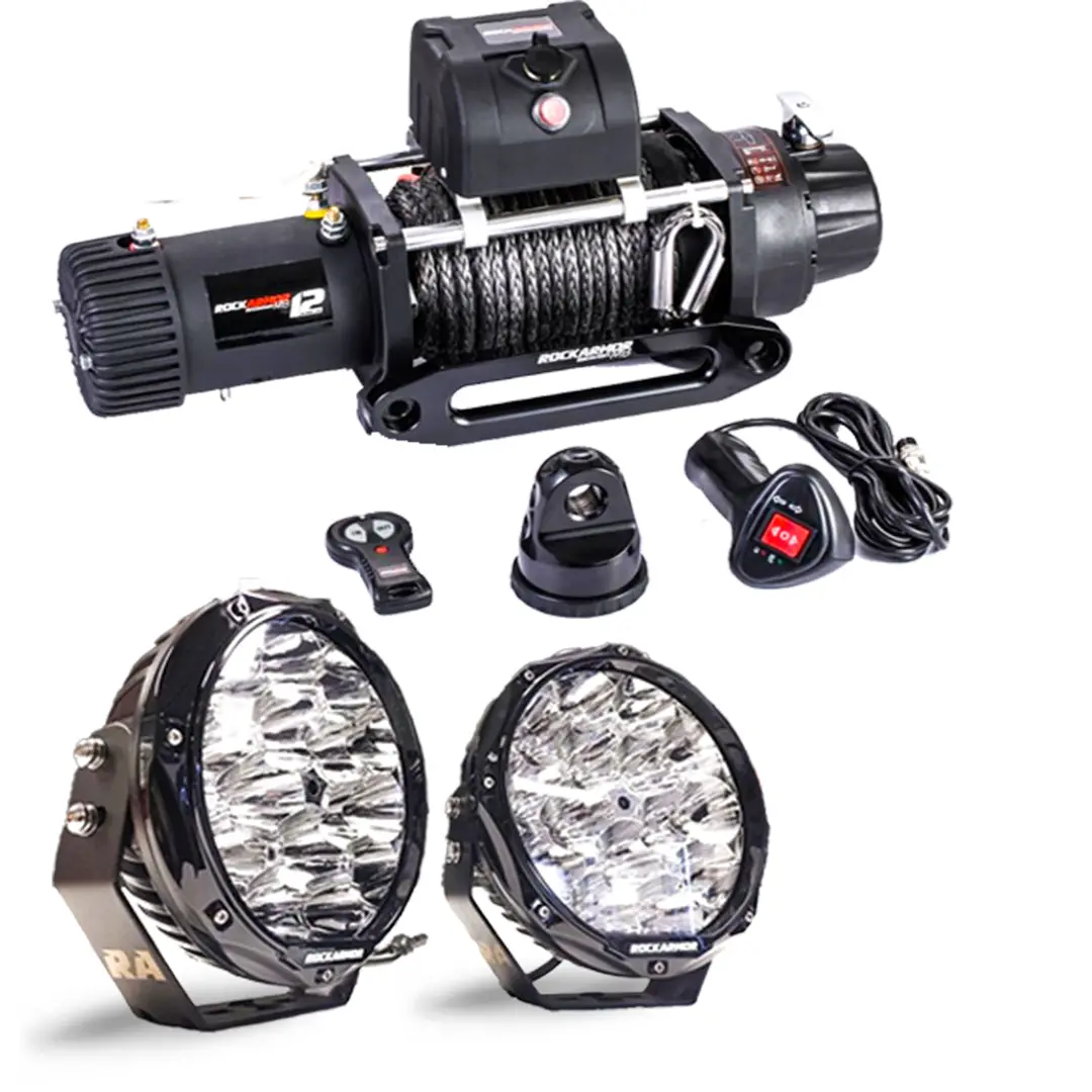 Rockarmor 12,000Lbs Winch + R85 Led 8.5" Driving Lights Combo 1