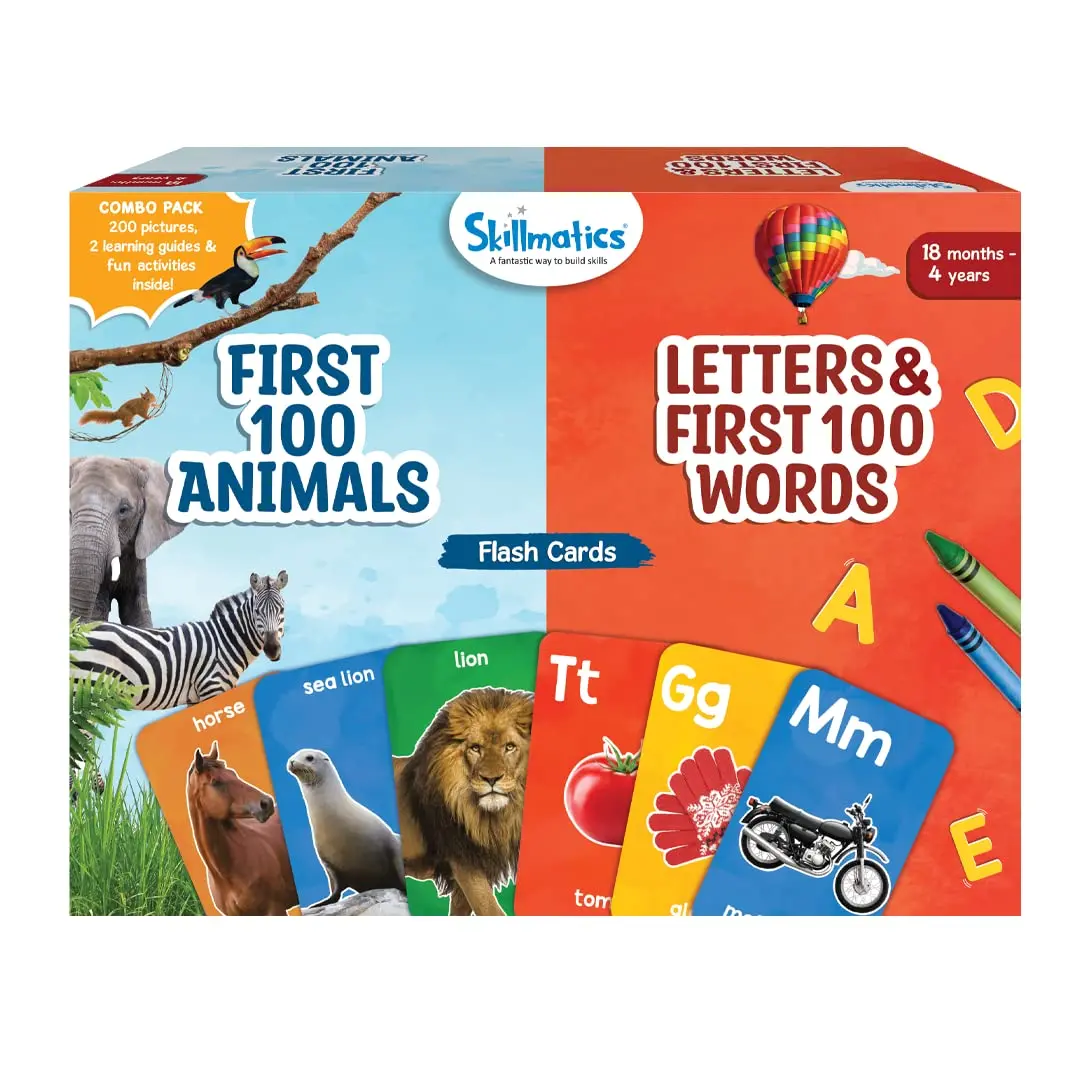 Skillmatics First 100 Animals And Letters & First 100 Words - Educational Flash Card Combo For Ages 2-4 Years 1