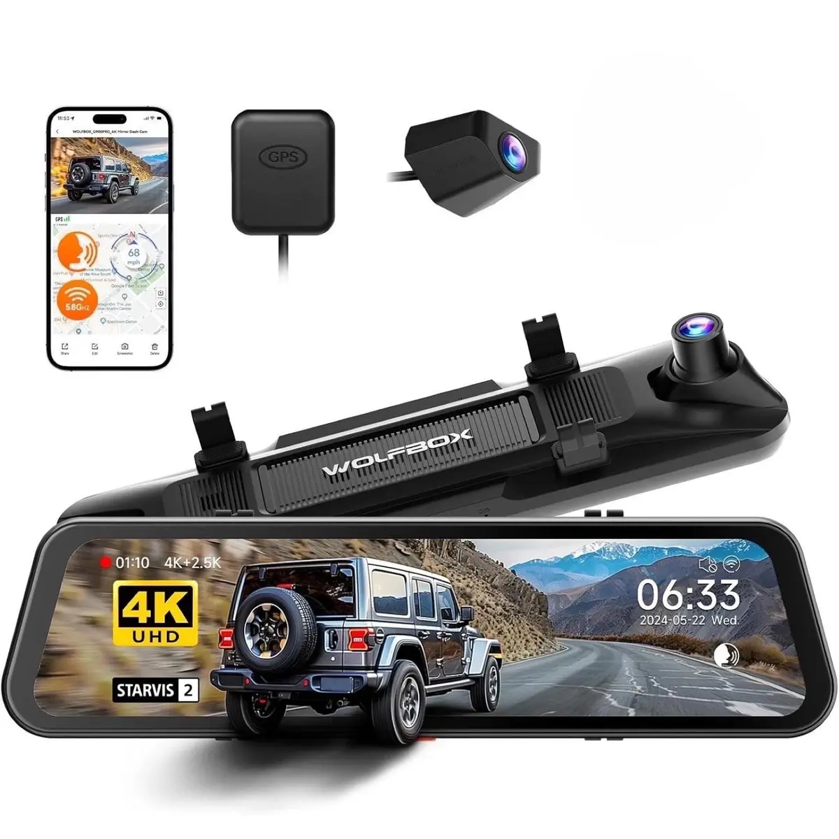 Wolfbox G900 Pro 4K+2.5K 2Ch 12” Mirror Dash Cam With Sony Starvis 2 Imx678 & 5G Wifi 1