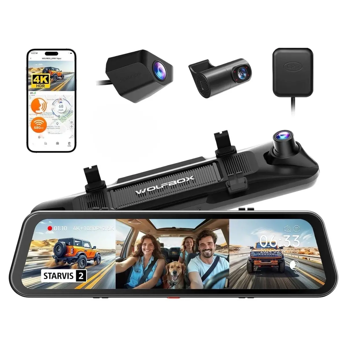 Wolfbox G900 Tripro 4K+1080P+2.5K 3Ch 12” Mirror Dash Cam With Sony Starvis 2 Imx678 & 5G Wifi 1