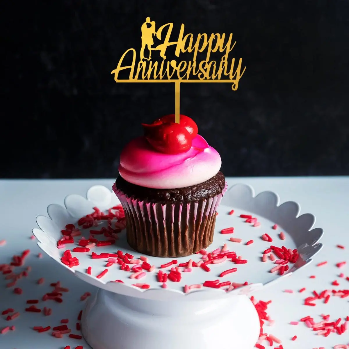 Partycorp Gold Acrylic Happy Anniversary With Romantic Pose Cake Topper, 1 Piece 1