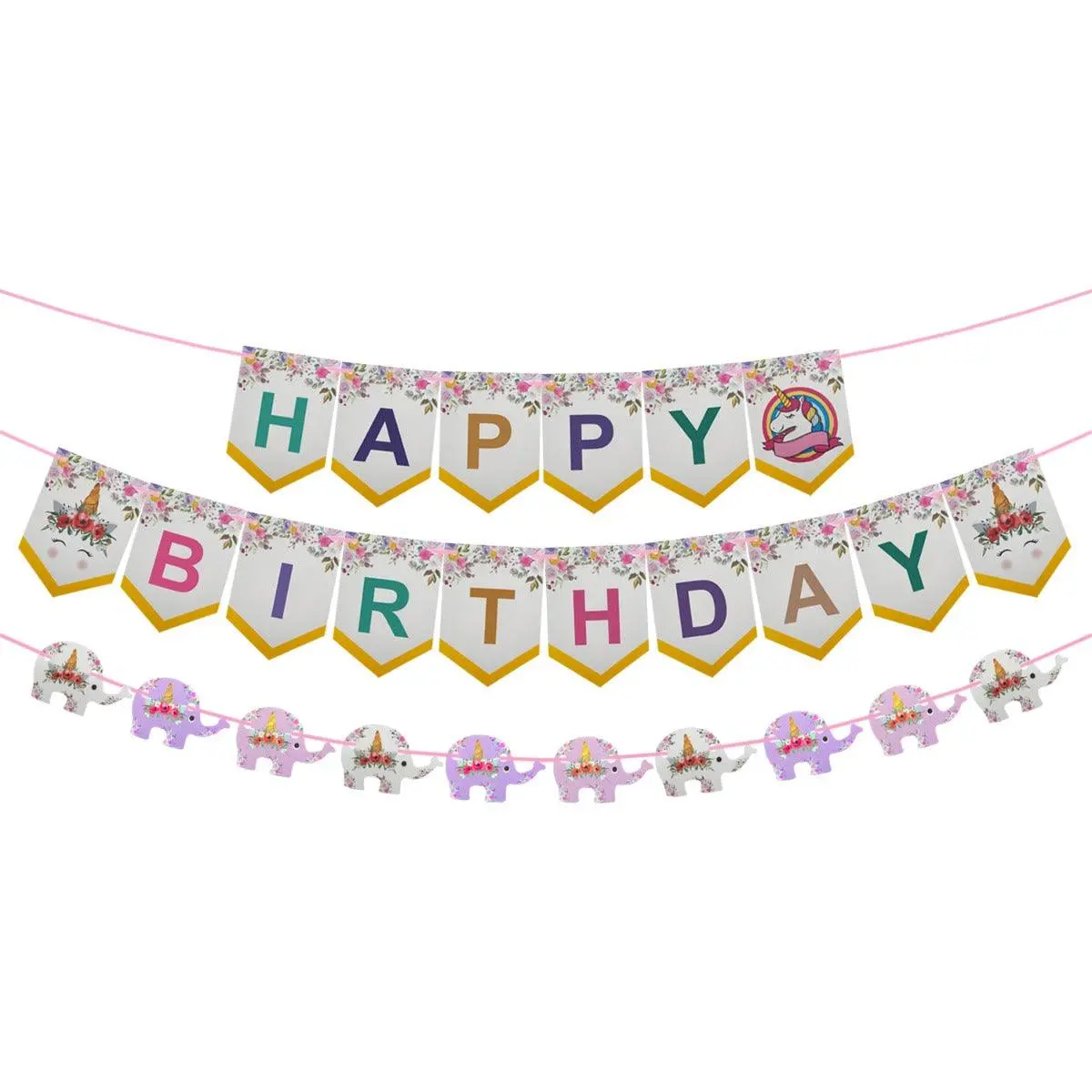 Partycorp Multicolour Happy Birthday Flower Themed Printed With Multicolour Elephant Shaped Garland Wall Banner Decoration Set 1