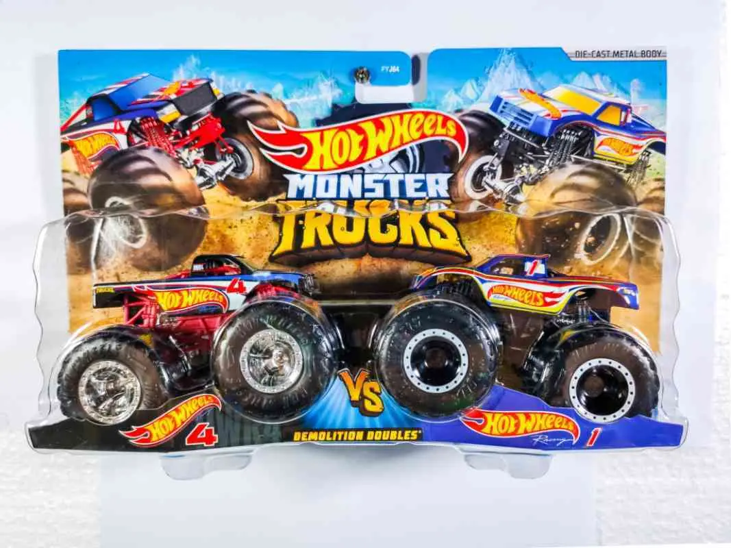 Hot Wheels Monster Trucks 1:64 Scale Demo Doubles 2 Pack Collection, Hotwheels 4 Vs Hotwheels Racing 1 1