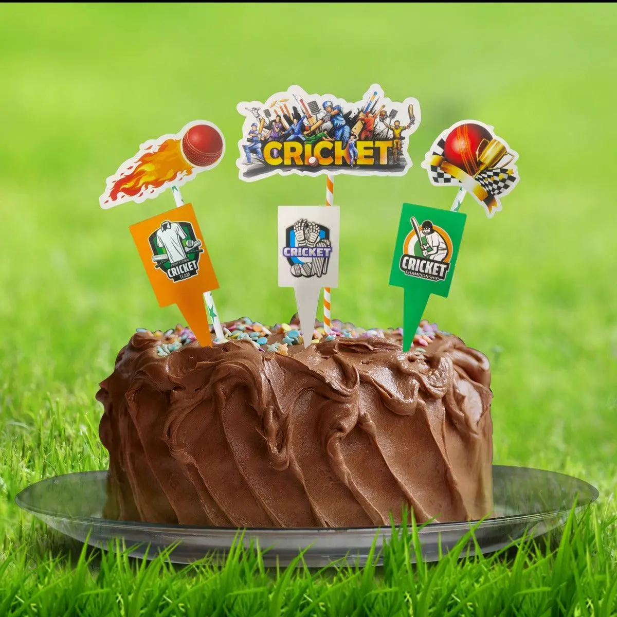 Partycorp Cricket Themed Printed Paper Cake Topper, Pack Of 6 1
