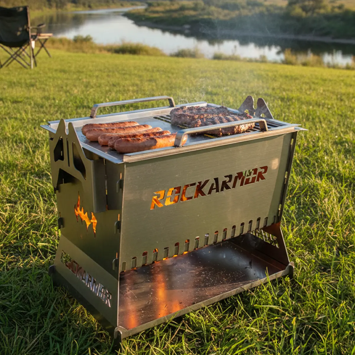 Rockarmor Camp Fire Pit & Grille Plate - 3Mm Stainless Steel - (Silver) 1