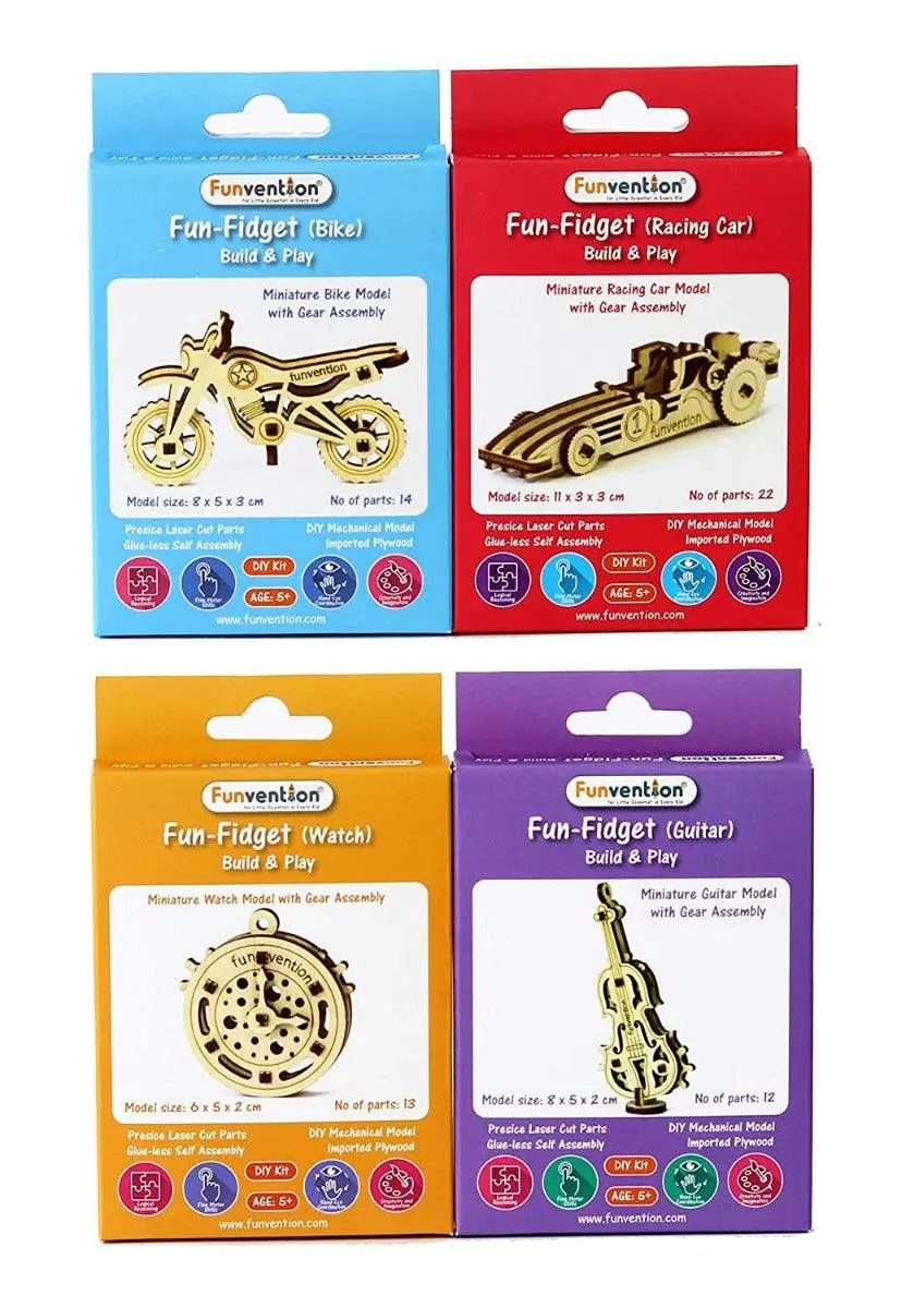 Funvention Fun Fidgets - Assorted - Pack Of 12 Diy Miniature Mechanical Model (Car, Bike, Watch & Guitar) Birthday Return Gifts 1