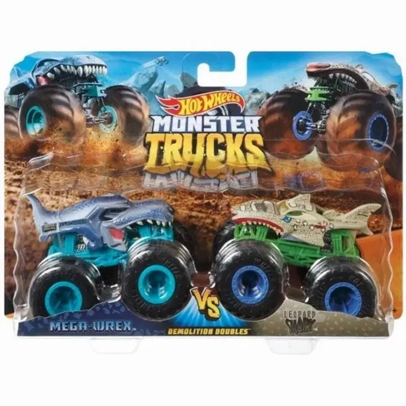 Hot Wheels Monster Trucks 1:64 Demo Doubles 2-Pk Collection, Mega-Wrex Vs Leopard Shark 1