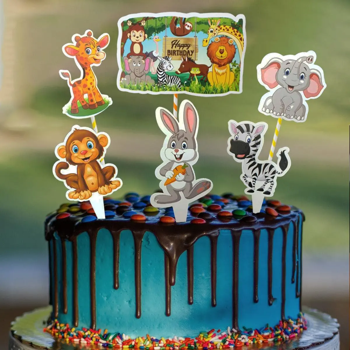 Partycorp Jungle Themed Printed Paper Happy Birthday Cake Topper, Pack Of 6 1