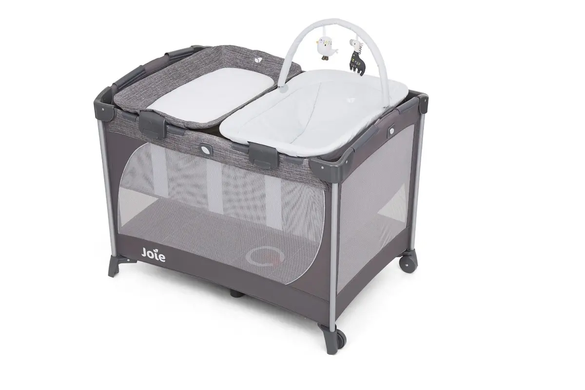 Joie Commuter Change & Snooze Baby Cot Linen Grey - Playard For Ages 0-3 Years 1