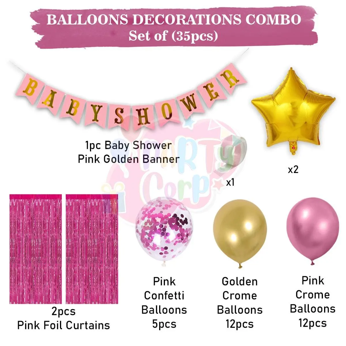 Partycorp Baby Shower Decoration Kit Combo 35 Pcs - Gold, Pink Chrome & Confetti Balloons, Pink & Gold Banner, Pink Curtain, Gold Star Foil 2
