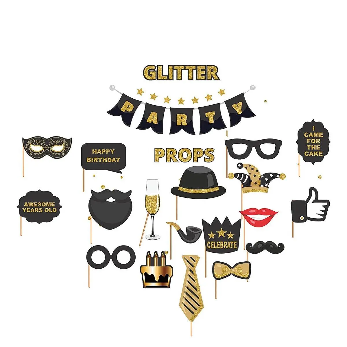 Partycorp Black And Gold Happy Birthday Photo Booth, Photo Shoot Props And Accessories, Pack Of 18 1