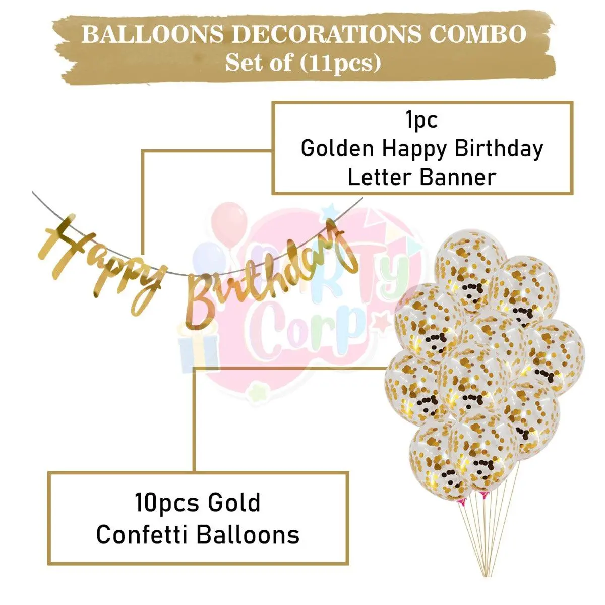 Partycorp Happy Birthday Decoration Kit Combo 11 Pcs - Gold Confetti Balloon, Gold Happy Birthday Alphabets Cut Out Banner 2