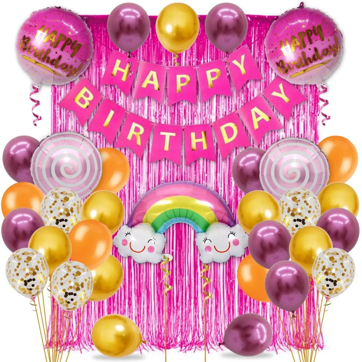 Partycorp Happy Birthday Decoration Kit Combo 43 Pcs - Gold, Pink, Copper Chrome & Confetti Balloons, Pink & Gold Happy Birthday Banner, Pink Curtain, Rainbow & Cloud Foil Balloons 1