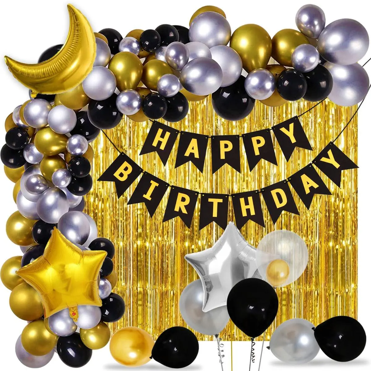 Partycorp Happy Birthday Decoration Kit Combo 82 Pcs - Gold, Black & Silver Chrome Balloons(72 Pcs), 1 Pc Black & Gold Happy Birthday Printed Banner, 2 Pc Gold Big Foil Curtain, 1 Pc Moon & Star Foil Balloon Bouquet 1