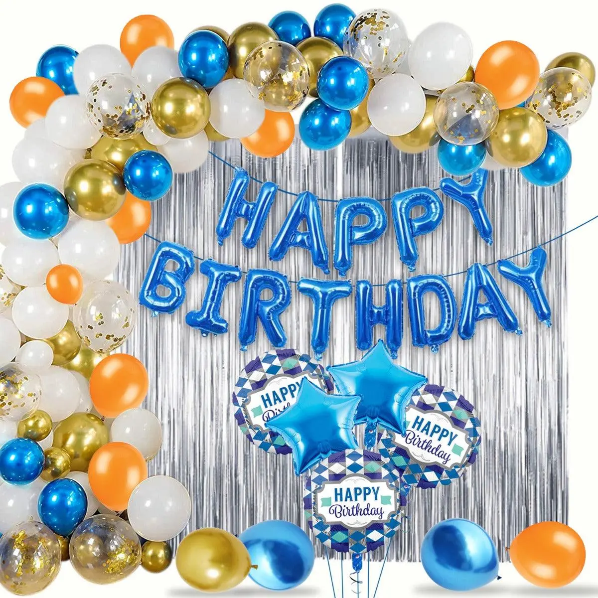 Partycorp Happy Birthday Decoration Kit Combo 88 Pcs - Gold, Blue, White, Copper Chrome & Confetti Balloons(80 Pcs), 1 Pc Blue Happy Birthday Foil Balloon Banner, 2 Silver Square Foil Curtain, 2 Blue Star Foil Balloon, 3 Blue & White Happy Birthday Round 1