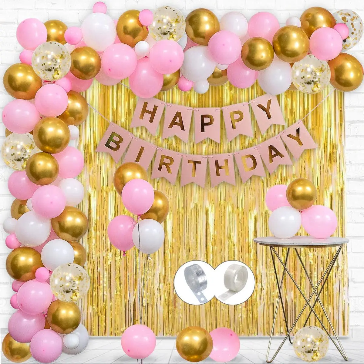 Partycorp Happy Birthday Decoration Kit Combo 94 Pcs - White, Pink Latex, Gold Chrome & Confetti Balloons, Pink & Gold Happy Birthday Banner, Gold Curtain 1