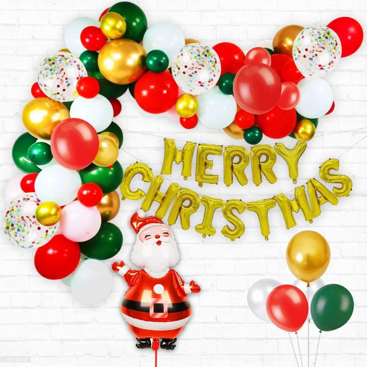 Partycorp Merry Christmas Decoration Kit Combo 79 Pcs - Dark Green, Red, White Latex Balloons, Gold Chrome Balloons, Multicolour Confetti, Gold Merry Christmas Foil Banner, Santa Foil Balloon 1