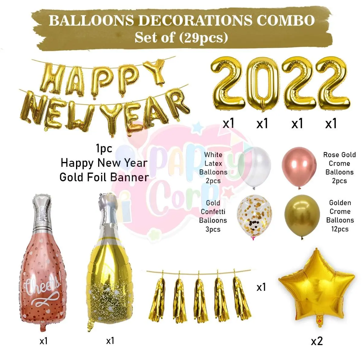 Partycorp New Year Decoration Kit Combo 29 Pcs - Gold, Rose Gold, White, Gold Confetti Chrome Balloon, Gold Hny Banner, Gold Tassels, (Gold Star,2022 Digit,Wine,Champagne Bottle) Foils 2