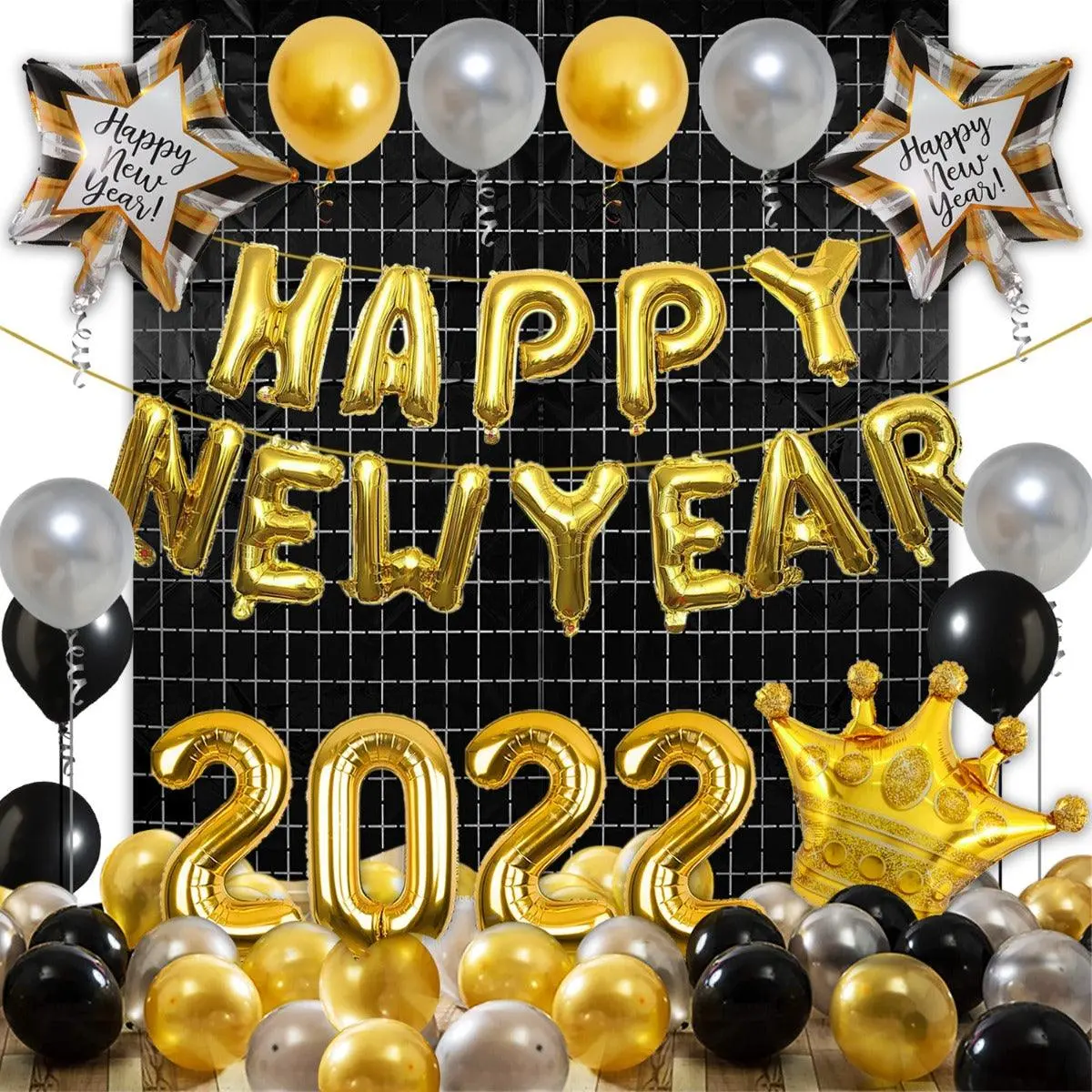 Partycorp New Year Decoration Kit Combo 46 Pcs - Gold,Silver Chrome Balloons,Black Latex Balloon, Black Square Curtain, Gold Happy New Year Banner, Gold Crown, Happy New Year Star, 2022 Foil Balloons 1
