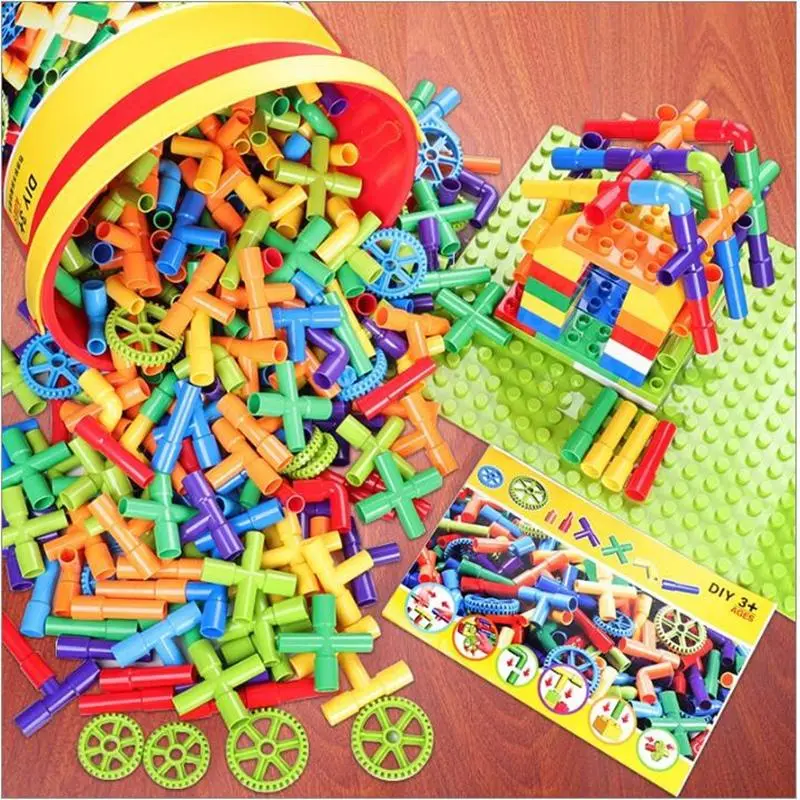 Colorful Water Pipe Building Blocks+Car Wheels Diy Assembling Pipeline Tunnel Car Model Compatible With Big Blocks 1