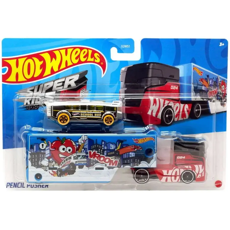 Hot Wheels Super Rigs Pencil Pusher With 1 Hot Wheels 1:64 Scale Bus For Ages 3 Years Old&Up (Hxn90) 1