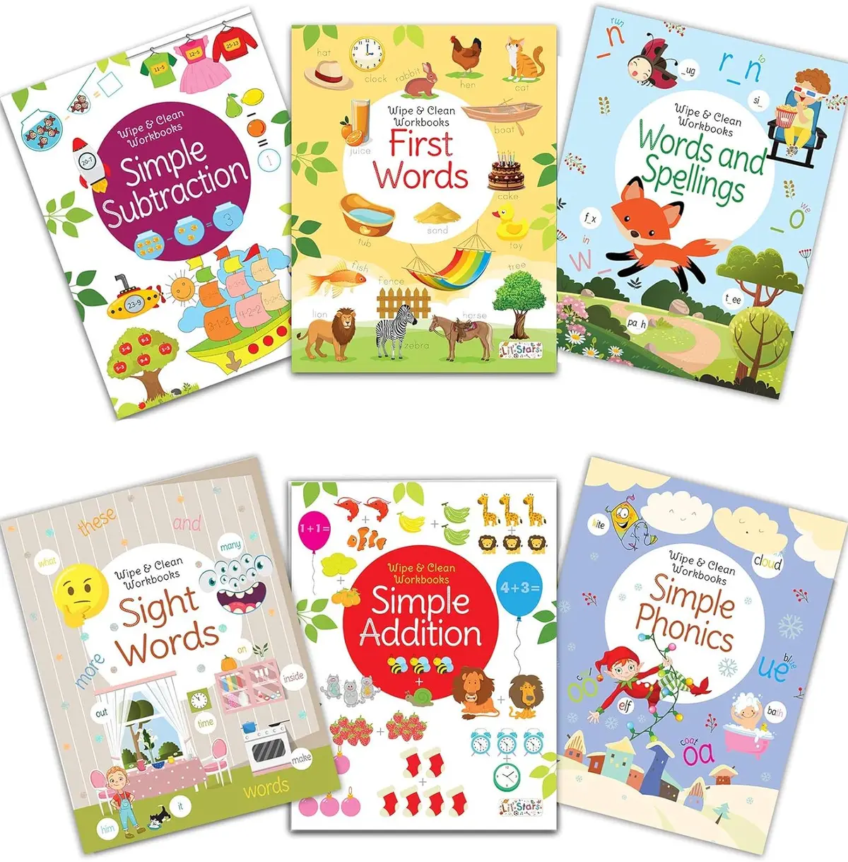 Pegasus Reusable Washable Wipe & Clean Books With Free Pens Set Of 6 For Kids (Simple Addition, Phonics, Sight Words, Spellings, Simple Subtraction And First Words) 1