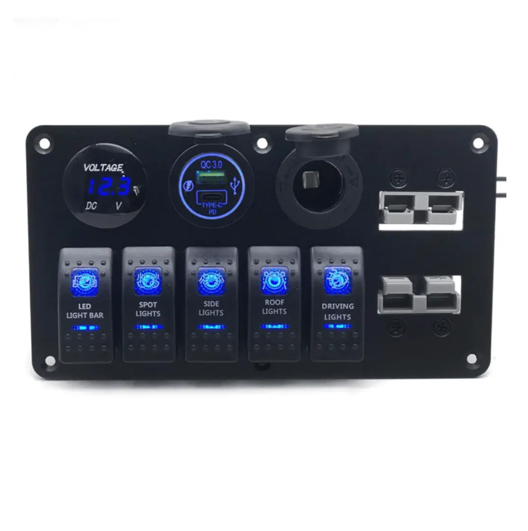 12V Switch Panel Anderson | 5 X Rocker Switch, Ciggie, Usb Qc 3.0 & Voltmeter 1