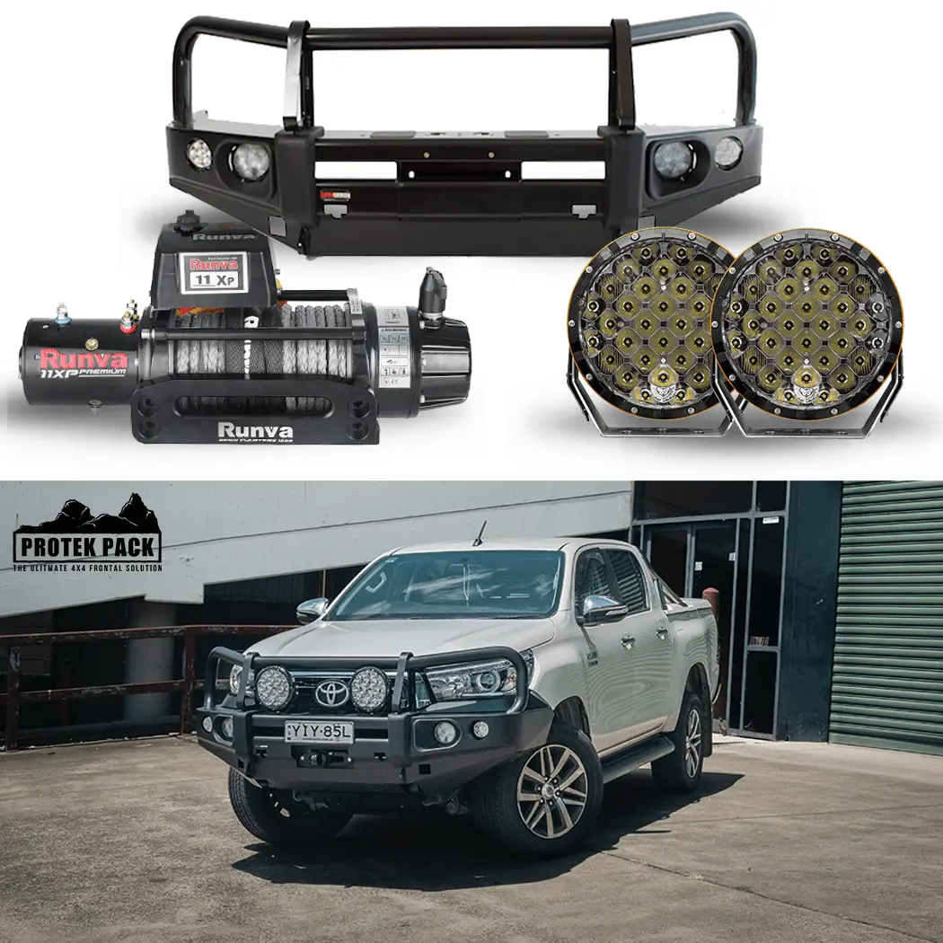 Protek Pack Rockarmor Bull Bar Runva Winch Stedi Spotties Suits Toyota Hilux | 09/2015 -07/2020 | Rockarmor 1