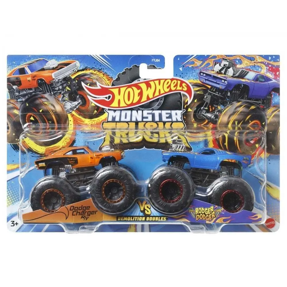 Hot Wheels Monster Trucks 1:64 Scale Demo Doubles 2 Pack Collection, Dodge Charger R/T Vs Rodger Dodger 1