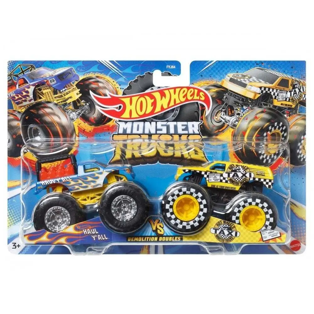 Hot Wheels Monster Trucks 1:64 Scale Demo Doubles 2 Pack Collection, Haul Y'all Vs Taxi 1